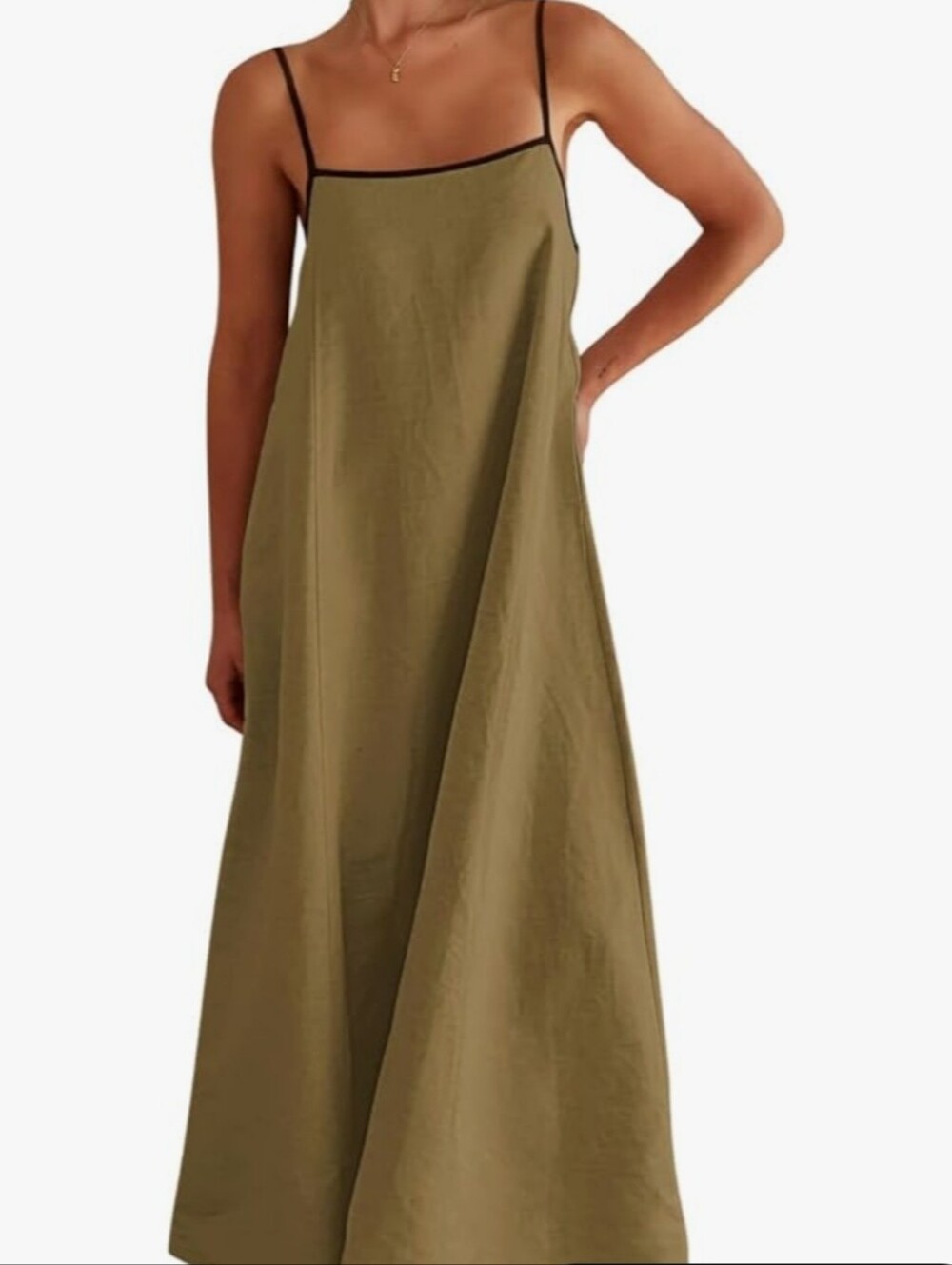 Amazon Olive Green Spaghetti Strap Maxi Dress with Black Trim